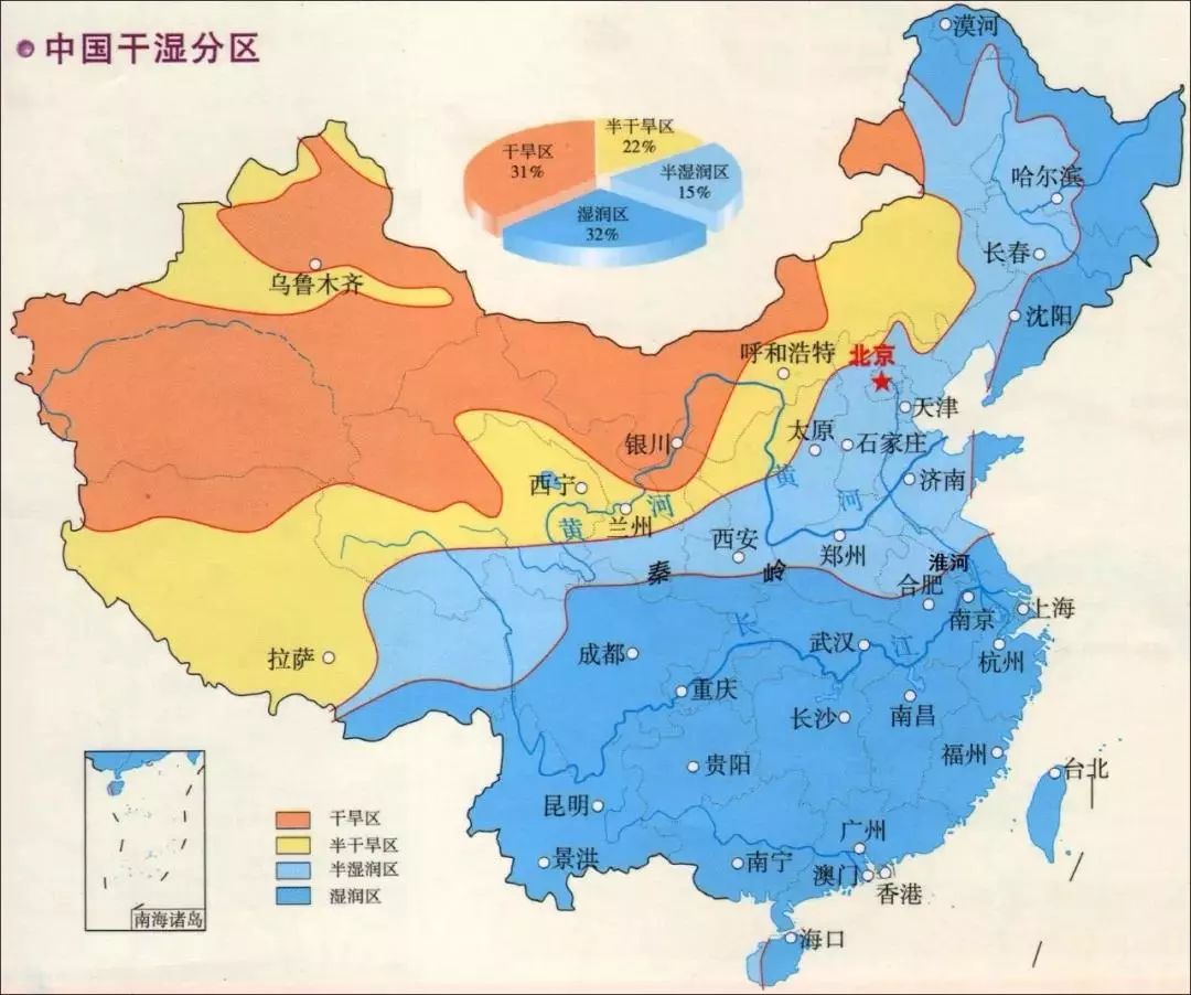 此外,中国年降水量的800毫米分界线在秦岭—淮河附近.