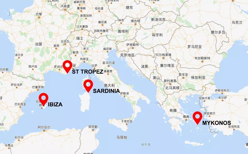 后起之秀西班牙的ibiza(伊维萨岛)意大利的sardinia(撒丁岛)法国的st