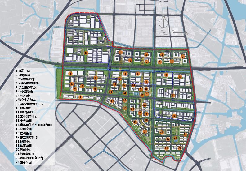 围绕中央生态公园布置工业邻里中心,服务周边产业组团,同时在各研发