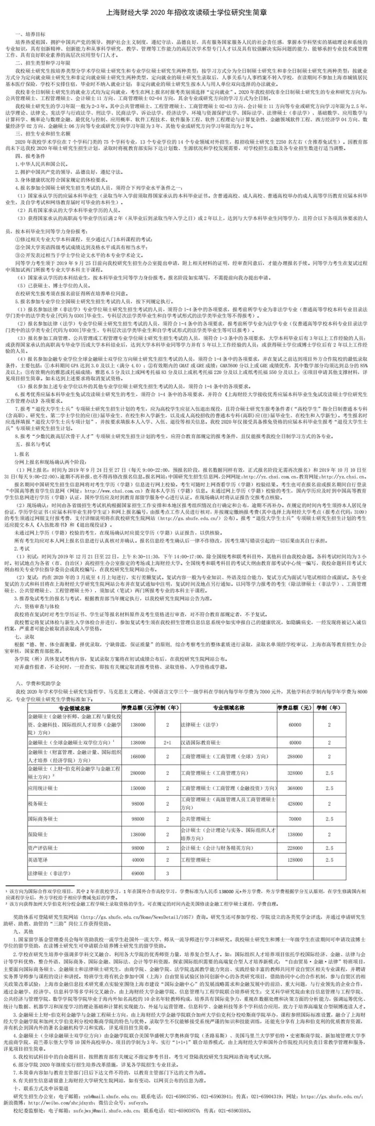 2020上财金融考研:招生简章+招生目录