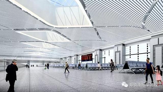 南阳东站外部施工图 邓州东站候车厅顶棚吊顶以篆书"邓"字交叉排布