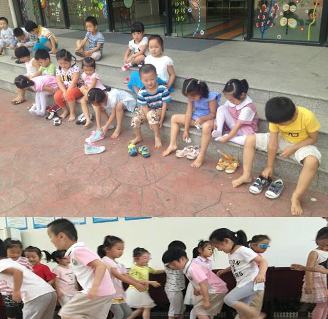 有些幼儿园会让小孩子集体光脚训练,增强体质.