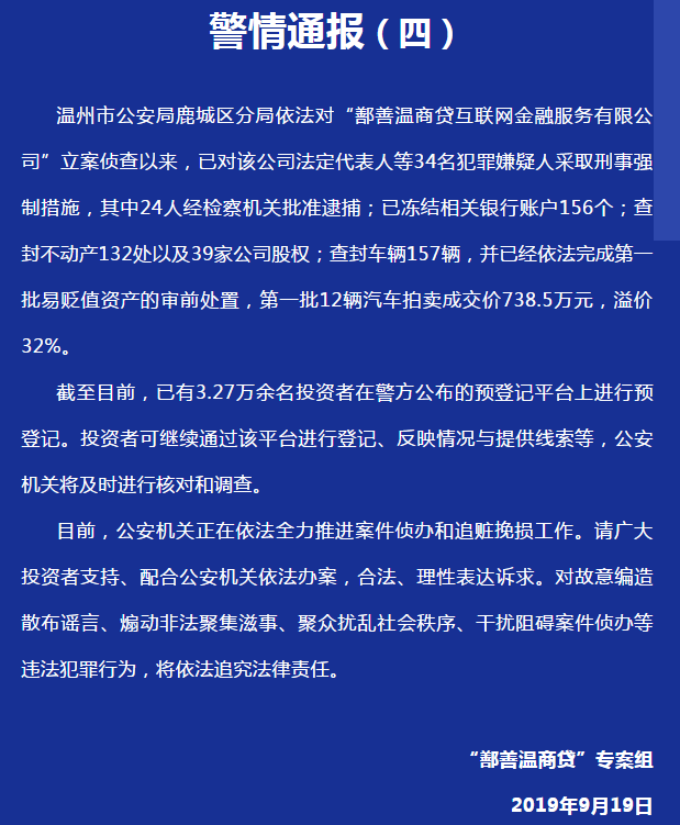 溫商貸最新進展:4人被批捕 超3.27萬投資人已登記 溫商貸最新進展:4人被批捕 超3.27萬投資人已登記