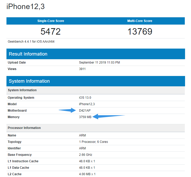 三款iphone 11 最新跑分 电池容量 运行内存信息