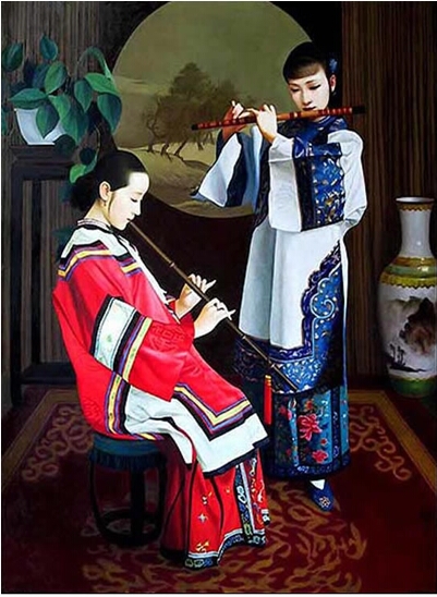 手描き 水彩油画 人物画 陳逸飛 作品図 中国絵画 約70×100cm 未表装