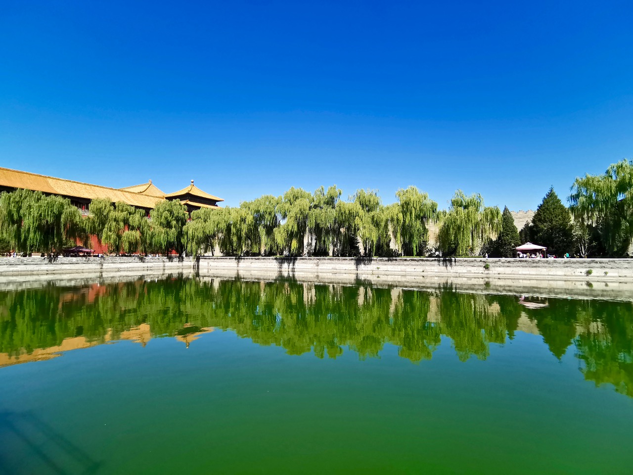 在文化宫西门附近拍摄的护城河,绿色的倒影似梦似幻.