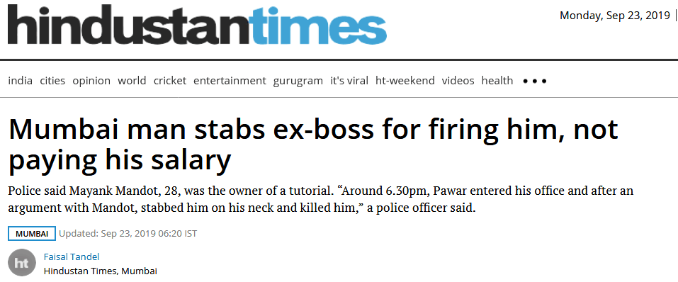 没收到工资就被解雇，印度一男子怒杀前老板