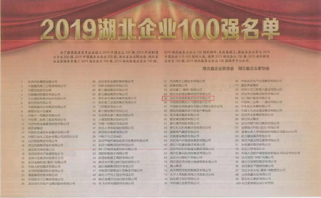 东湖高新集团连续六年入围“湖北企业百强”