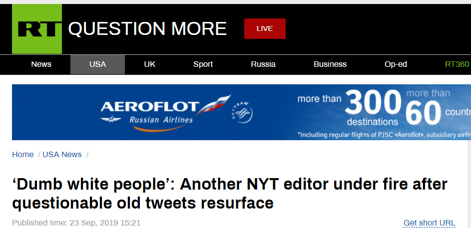 《纽约时报》黑人编辑“种族歧视”推文被曝光：“愚蠢的白人”