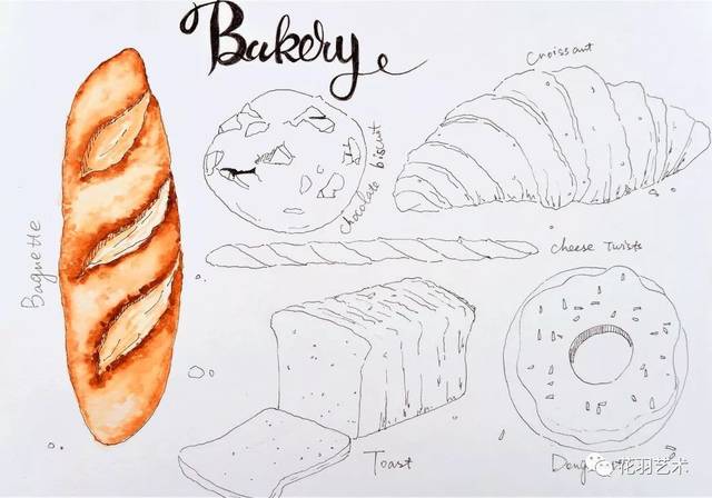 钢笔淡彩教程-下午茶烘焙系列画面包
