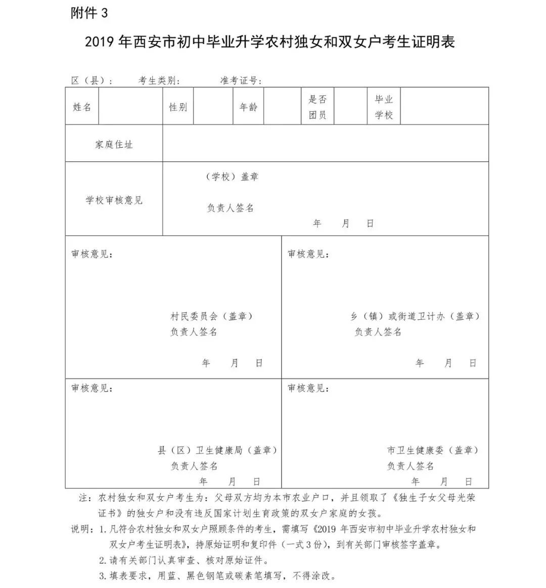 2019年西安市初中毕业升学农村独女和双女户考生证明表