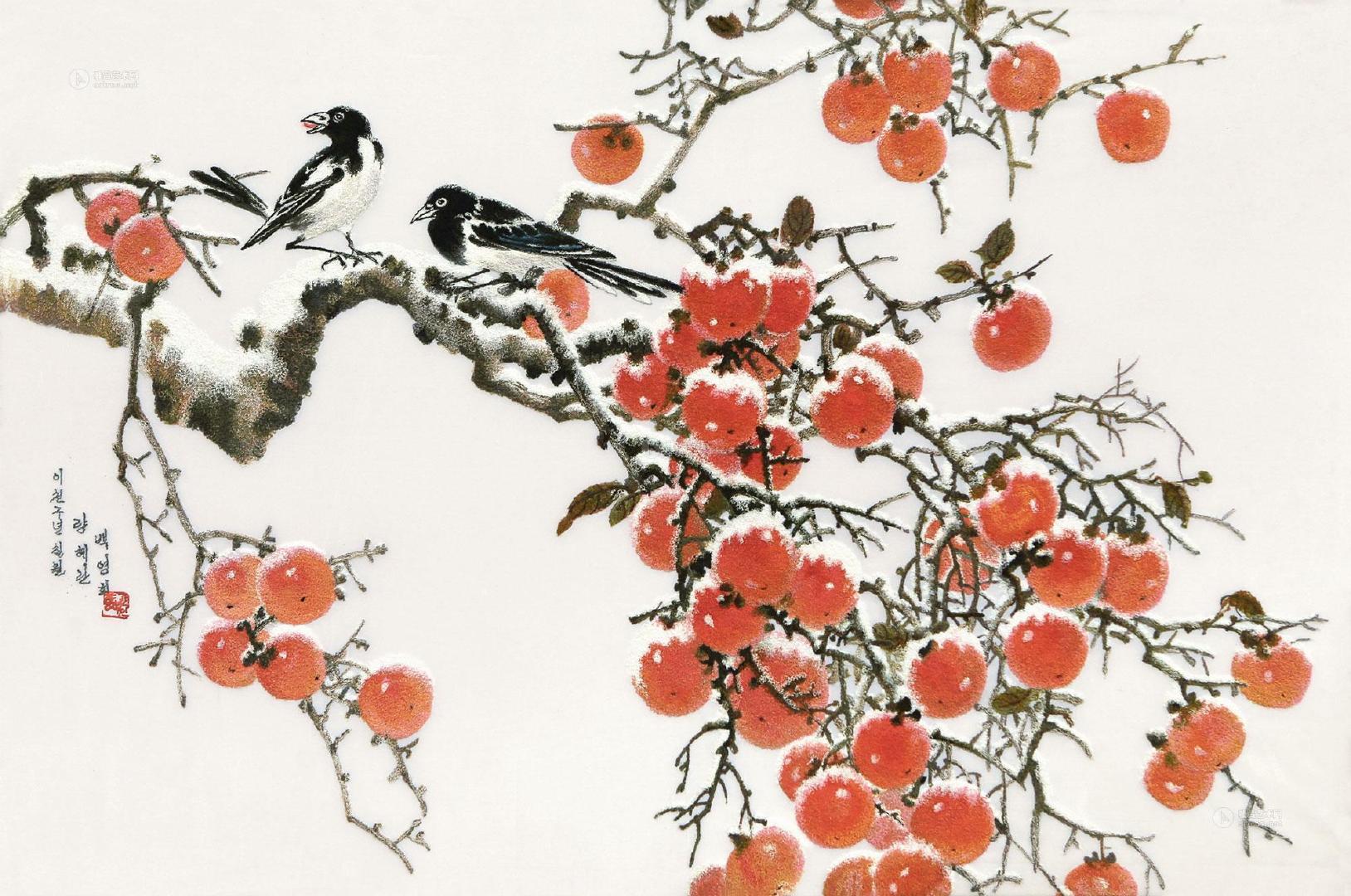 国画花鸟画喜鹊和柿子