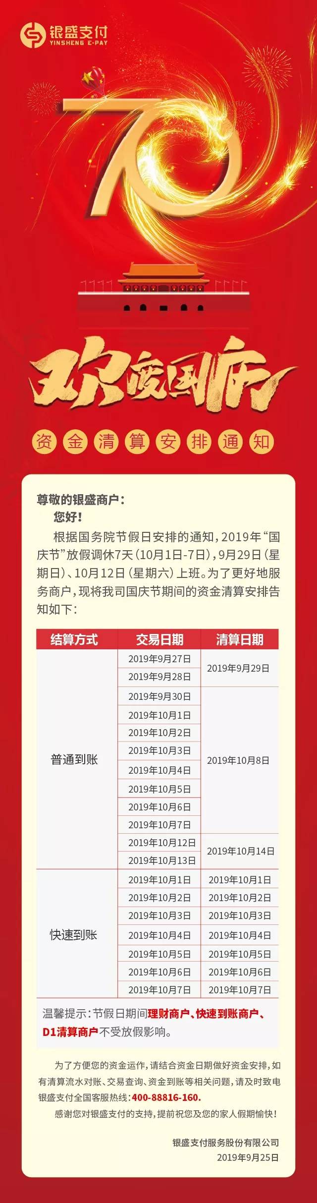 重要国庆期间各支付公司的结算通知汇总