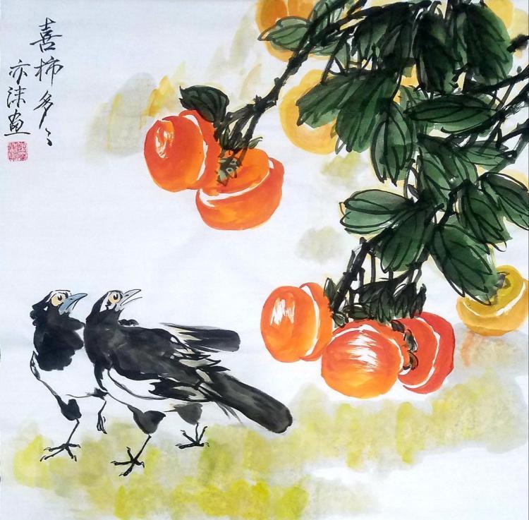 国画花鸟画喜鹊和柿子