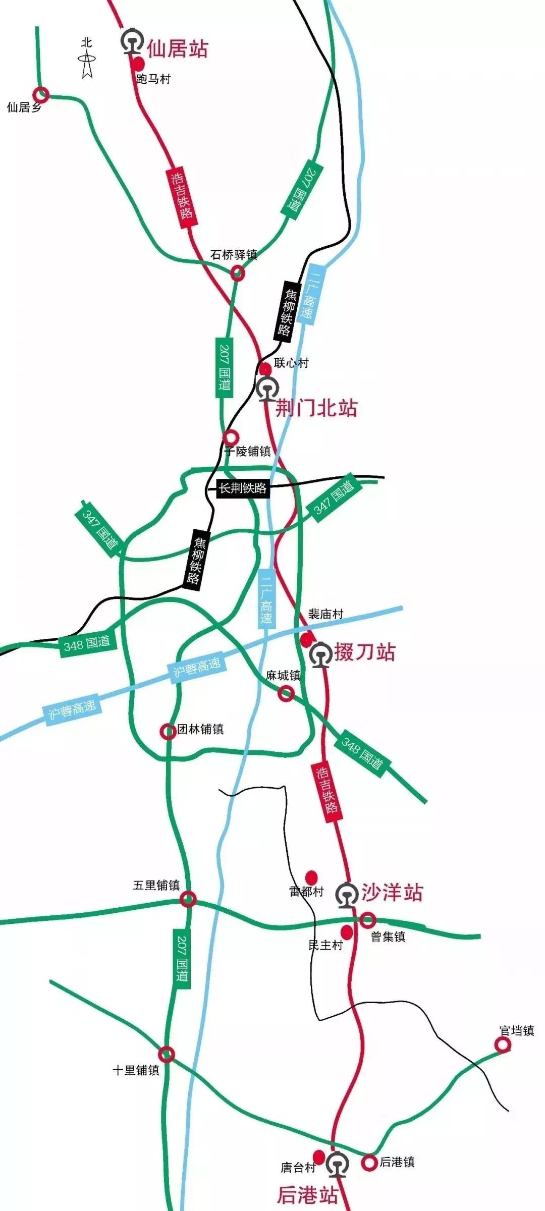 浩吉铁路荆门市线路示意图  后港站(摄影:朱俊波) 浩吉铁路一次跨越