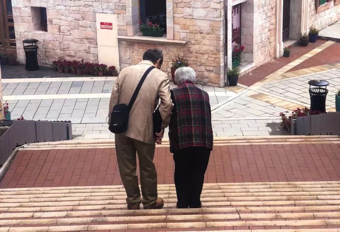 看到一个六十多岁的老爷爷扶着八十多岁的老奶奶 两人的背影都有些