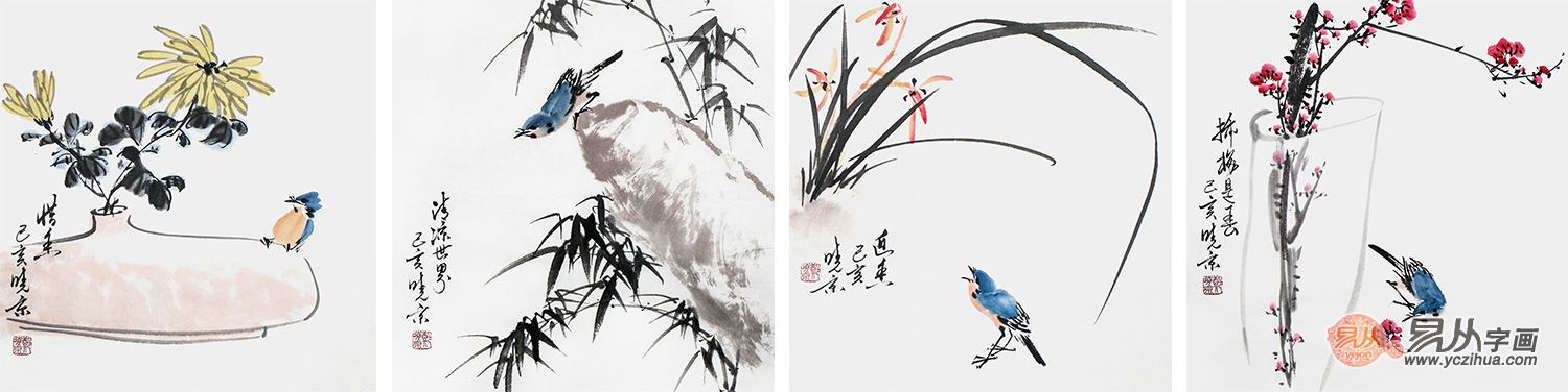 郑晓京老师斗方画四条屏《梅兰竹菊》(作品选自:易从网)
