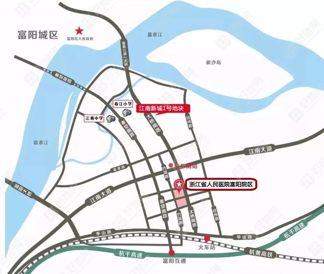 富阳区江南中学等;医疗方面,浙江省人民医院富阳院区落地富春湾新城