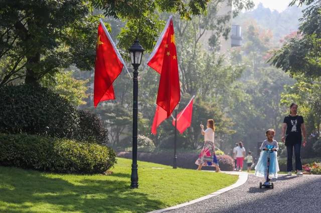 换装中国红新湖果岭小区悬挂逾千面国旗为祖国庆生