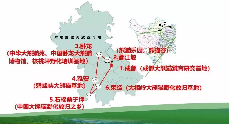 松潘,茂县,北川,安州,绵竹8个熊猫县15个大熊猫自然保护区或森林公园