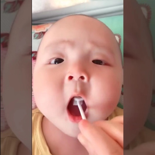 #儿科医生鲍秀兰#给只有两颗牙齿的宝宝刷牙，全程超配合，网友：如果刷掉了咋办？