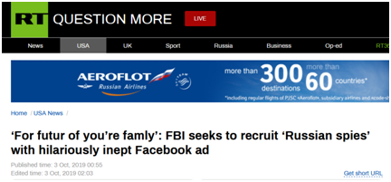 FBI招募“俄间谍”广告频现拼写错误，俄媒讽刺：先找个俄语专家吧
