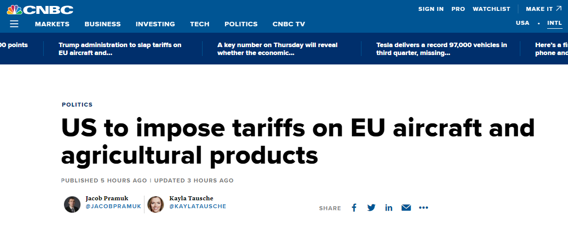 美国将对欧盟飞机和农产品征收关税：最高达25%，本月18日正式生效