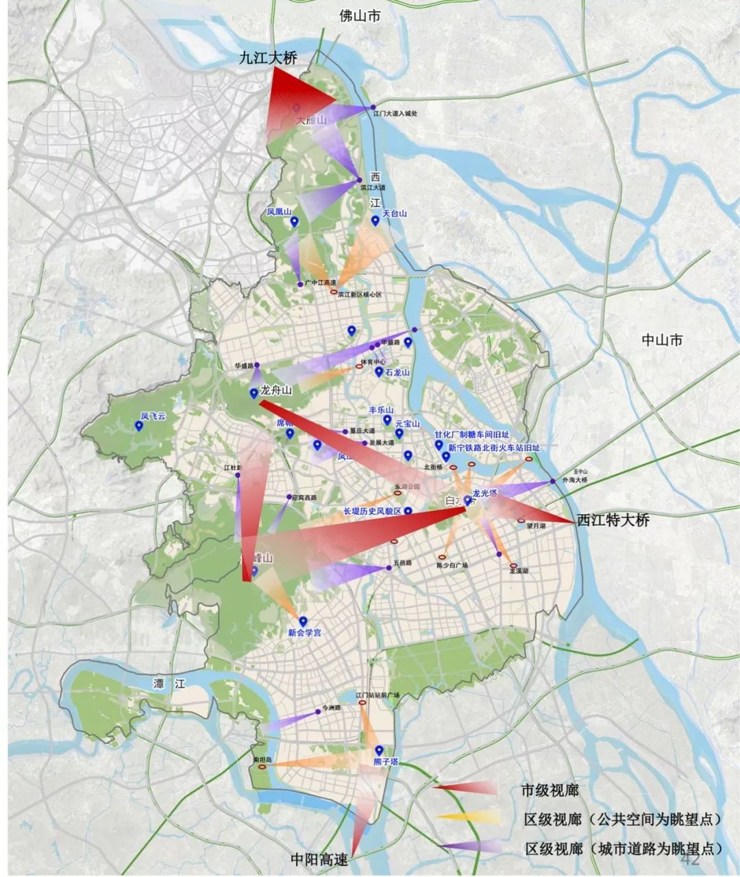 是江门主城区城市景观设计规划研究范围包括:蓬江区,江海区,新会区