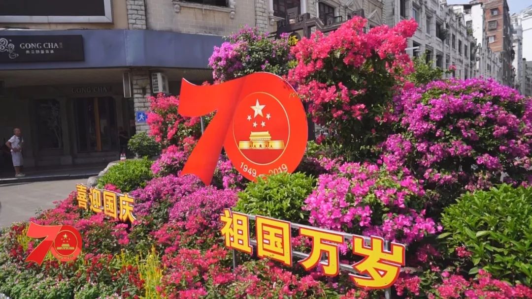 国旗飘扬百花开街道靓丽贺国庆