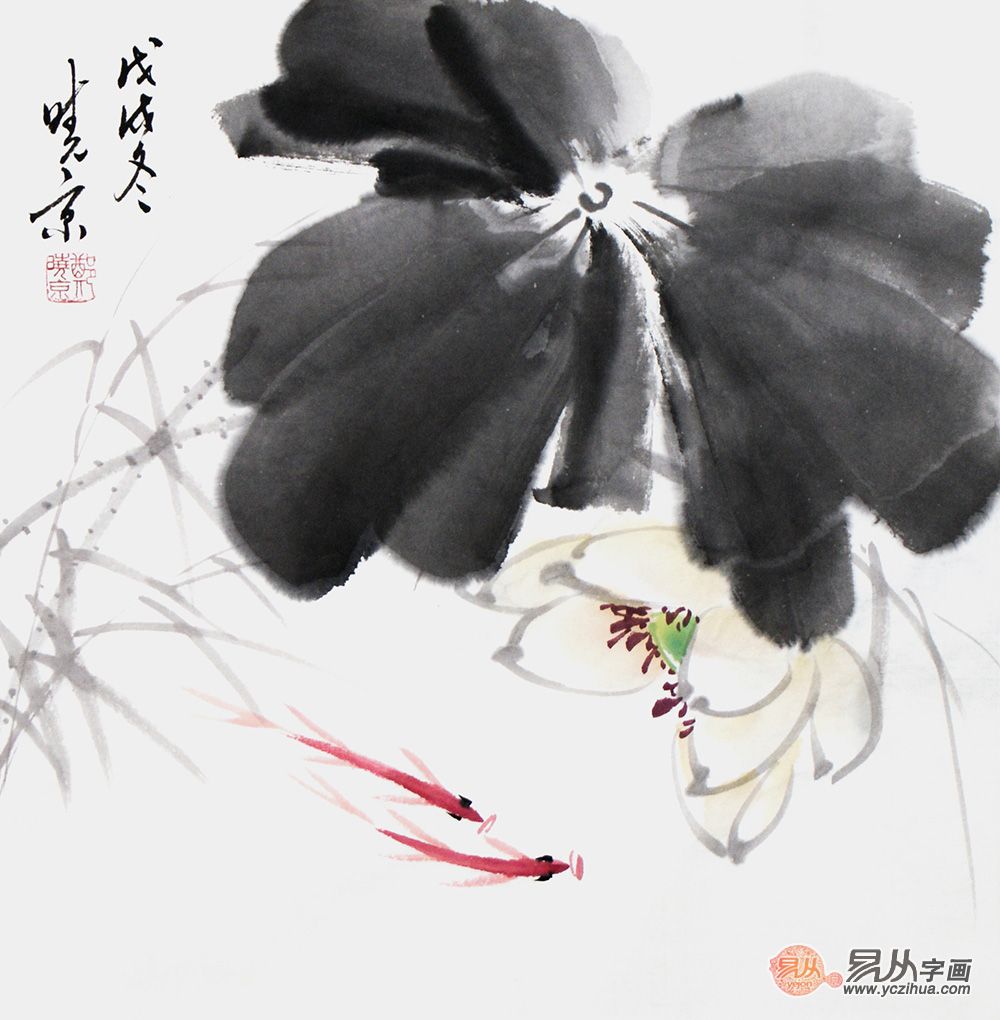 画家郑晓京写意荷花作品《白色三色荷》(作品选自:易从网)