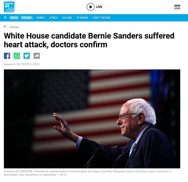78岁的民主党总统参选人桑德斯突发心脏病入院，医生证实：装了2根支架，已出院