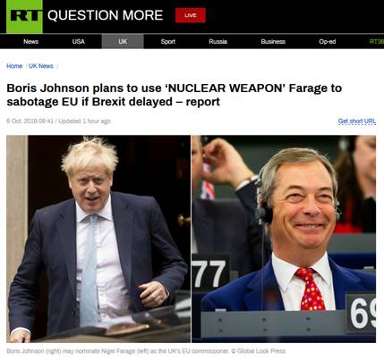 堪比“核武器”？英媒爆料：若英国脱欧推迟，约翰逊会派法拉奇去欧盟“搅局”