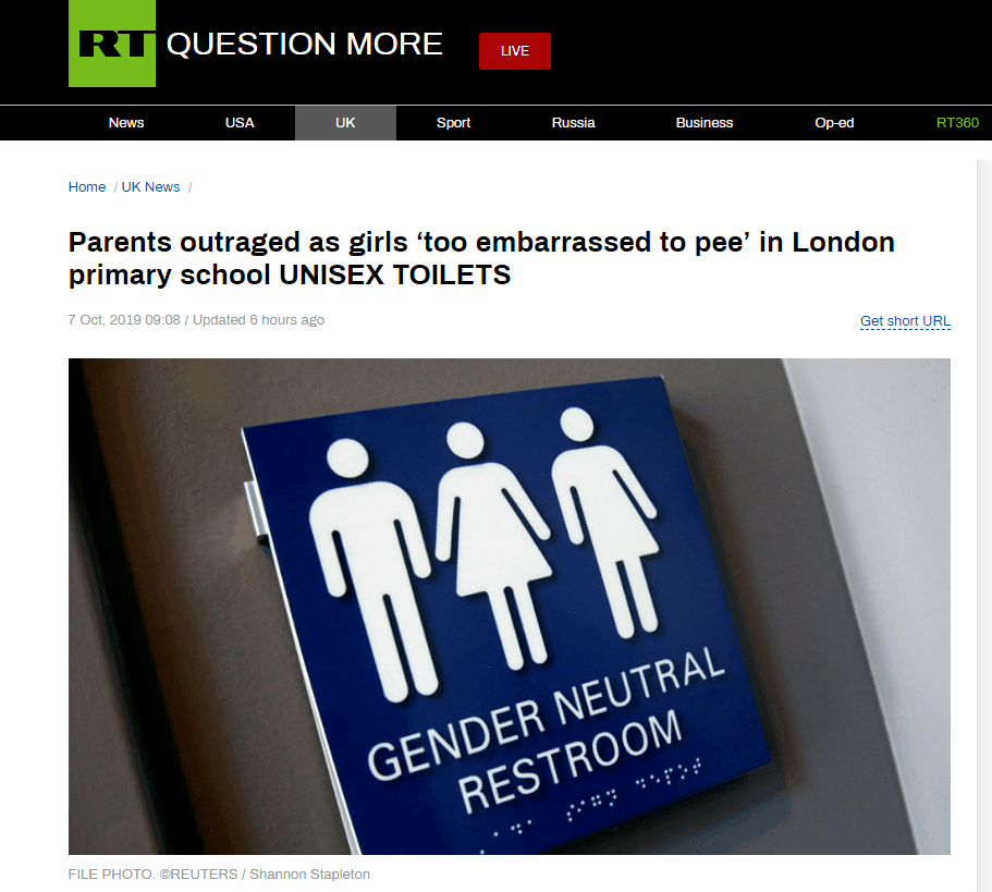 伦敦小学引入“无性别厕所”，家长抱怨：女孩们都憋坏了……