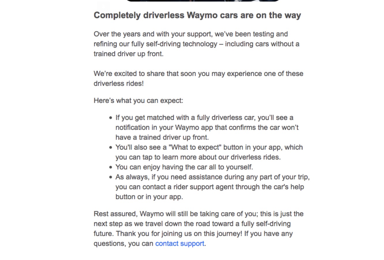 Waymo向用户发邮件，称完全无人驾驶的网约车即将到来