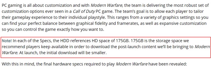 动视解释《使命召唤：现代战争》175GB硬盘空间需求