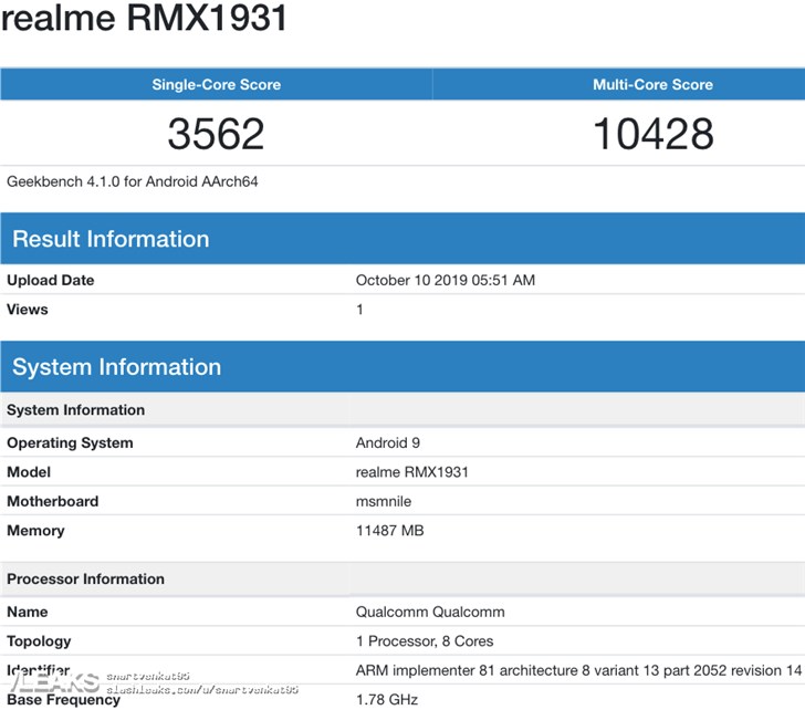 realmeX2Pro在Geekbench跑分曝光：单核3562，多核10428
