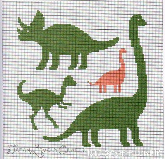 「针织图解」7个恐龙图案,可用于编织或者刺绣