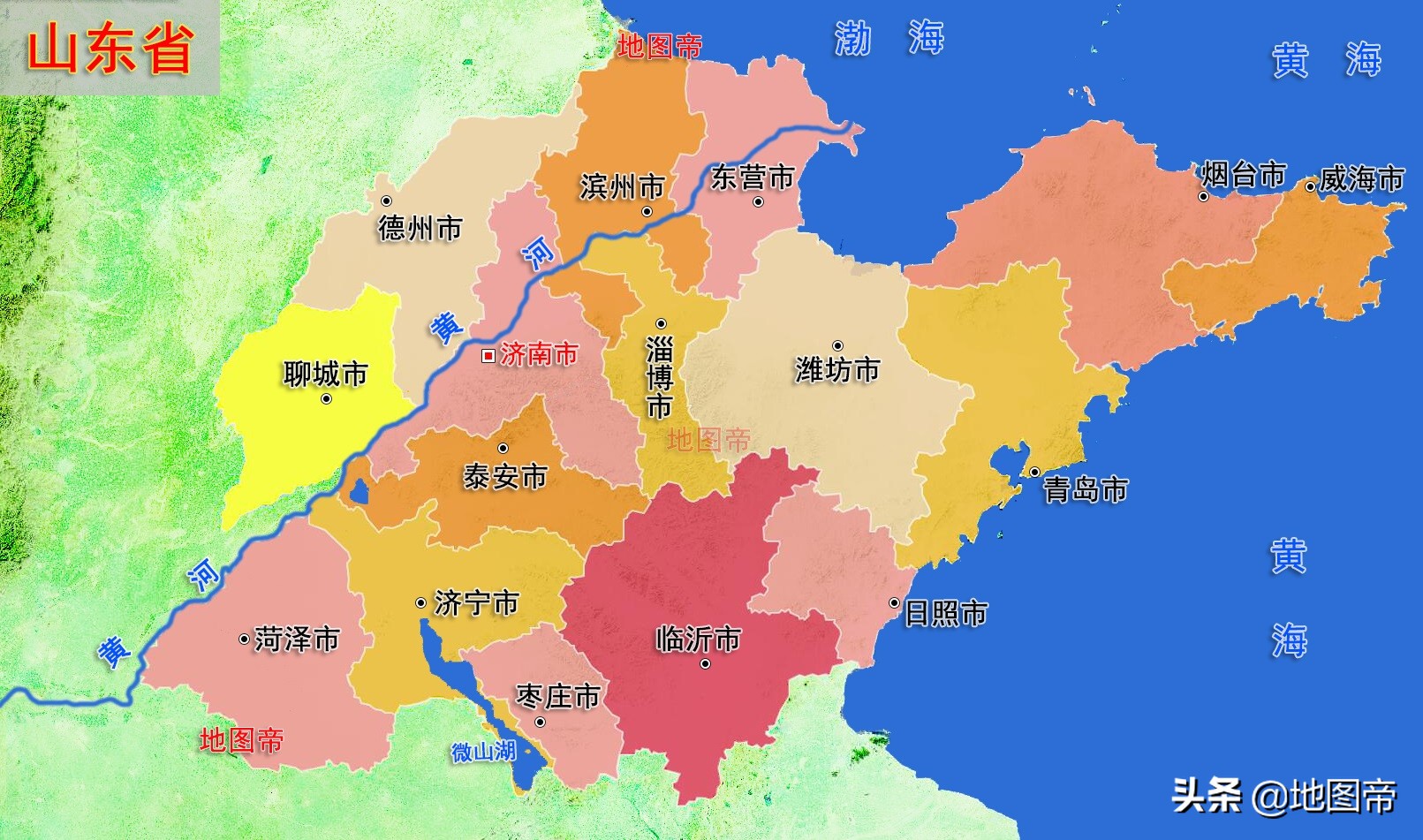 山东省7个沿海城市地势图:青岛,威海,烟台,潍坊,东营
