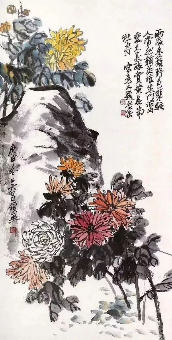 中国古美術・純手描き花卉図三尺画芯・水墨彩色画・呉昌碩印款・書道品・宣紙・带水印 三尺斗方国画兰花水墨画手绘书画挂画书房办公室装饰画芯字画