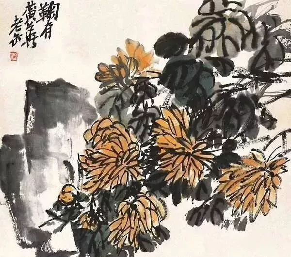 中国古美術・純手描き花卉図三尺画芯・水墨彩色画・呉昌碩印款・書道品・宣紙・带水印 看吴昌硕画菊，似乎感觉到秋风！_菊花