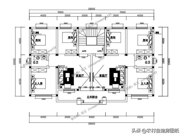 18*10米二层双拼别墅,堂屋楼梯间共用,二胎家庭建房首选户型