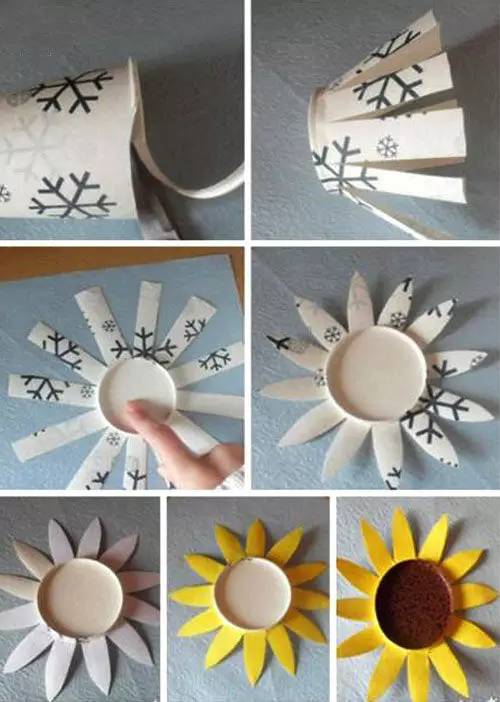 一次性纸杯手工制作墙面装饰太阳花教程用一次性纸杯做成朵朵盛开的