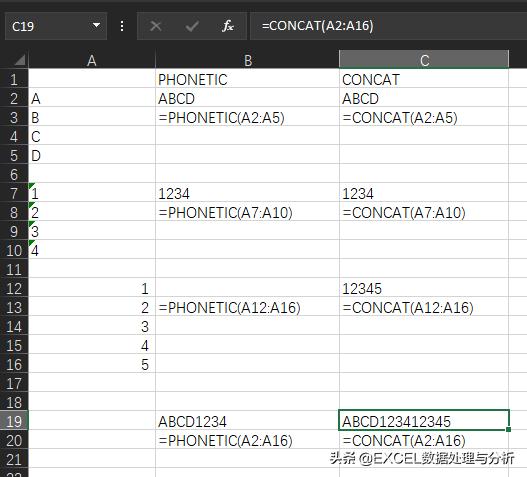 excel文本拼接函数phonetic函数&concat函数之比较