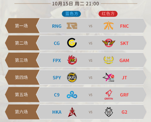 《LOL》S9总决赛10月15日比赛赛程