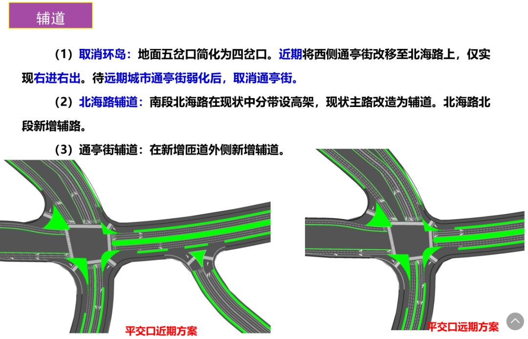 匝道和辅道方面,设置单喇叭互通,实现北海路高架与通亭街主辅路的互通