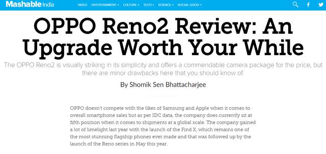 外媒点赞OPPO Reno2：后置四摄表现出众，细节功能满意度高