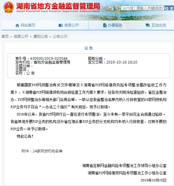 纳入行政核查的网贷机构或外省在湘分支，湖南均将取缔