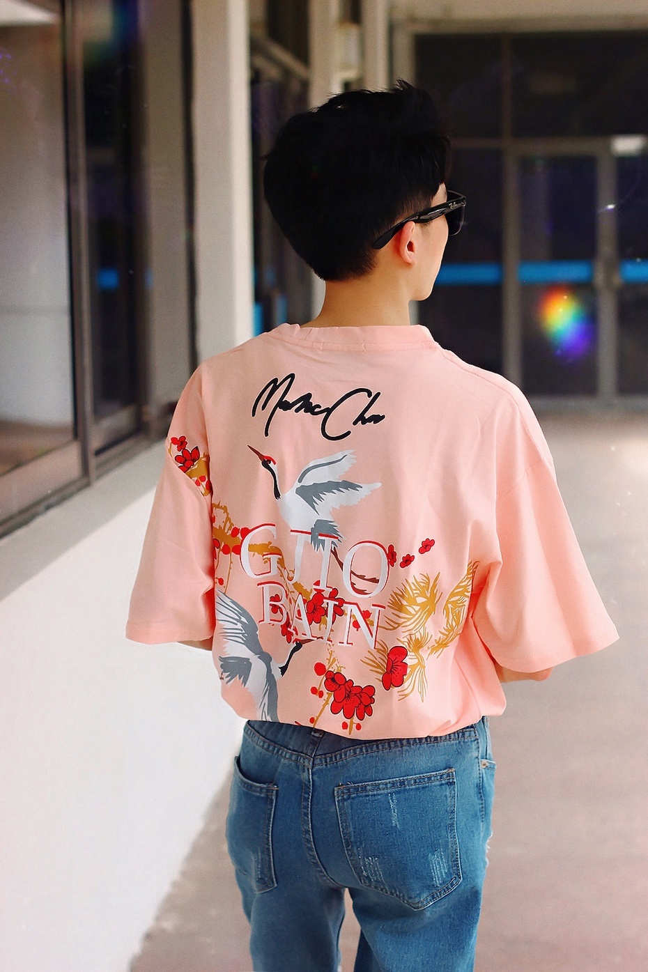 男士中国风仙鹤粉色T恤