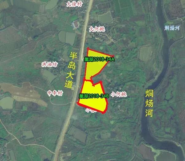 2,巢湖2宗连体地块出让 巢湖2018-34b号地块位于巢湖市烔炀镇半岛