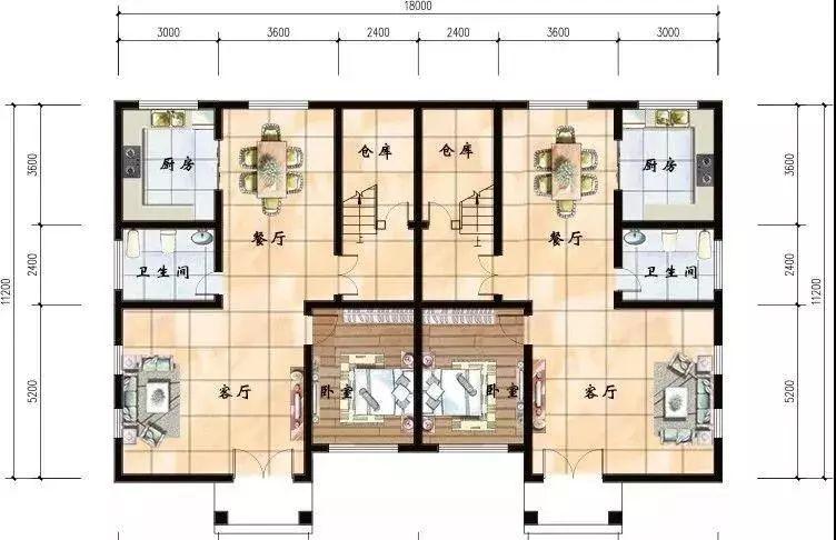 16x11兄弟双拼房设计图,四开间16米二层别墅 双拼发别墅,兄弟房这样盖,完全够住了. 开间:18米 进深:11.